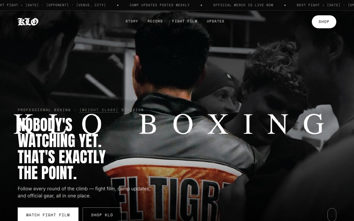 KLO Boxing homepage on a desktop screen, dark photography with white display type