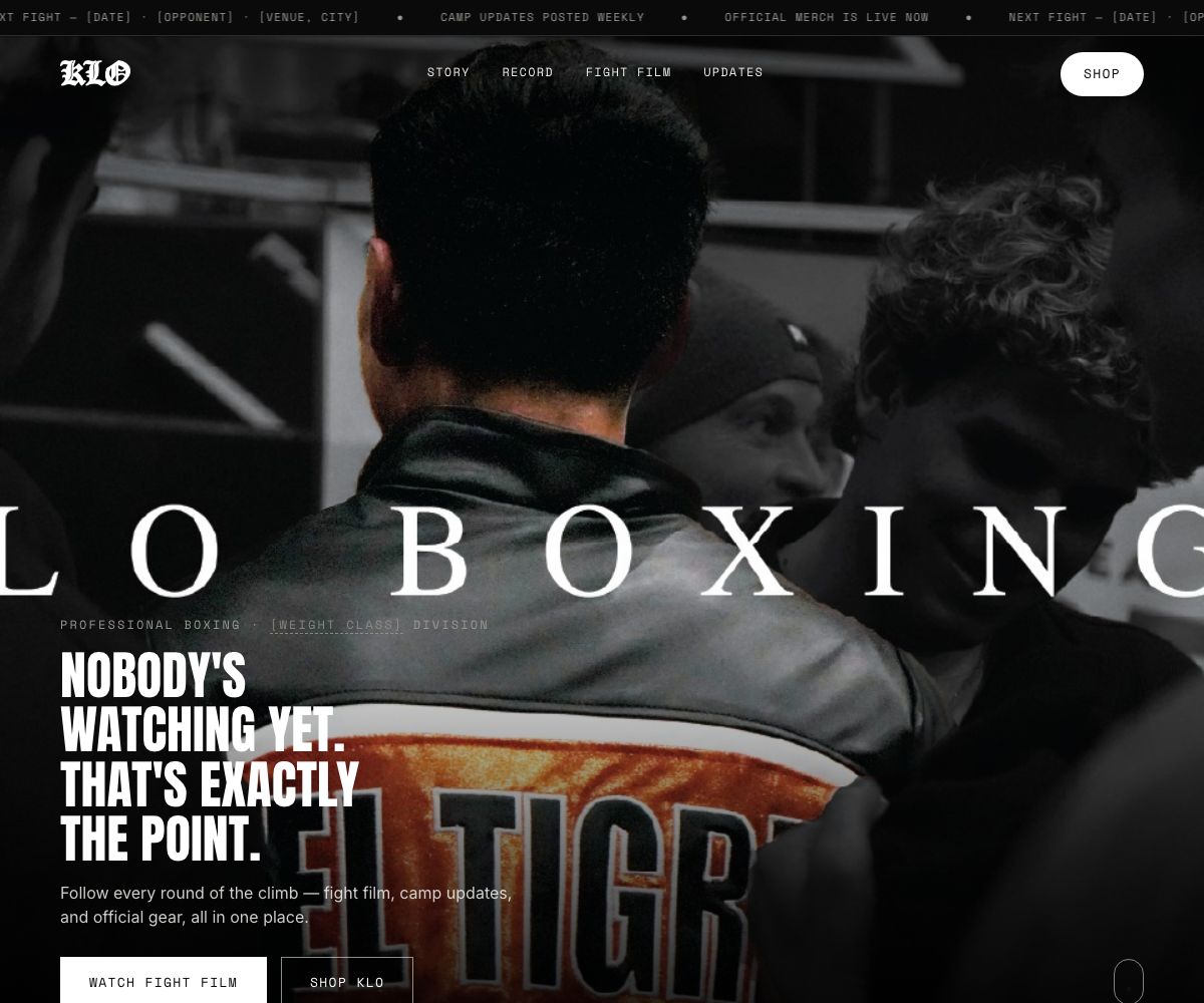 KLO Boxing desktop hero: a boxer seen from behind in a satin jacket, wide serif KLO BOXING lettering across the frame, and a condensed white headline above two buttons