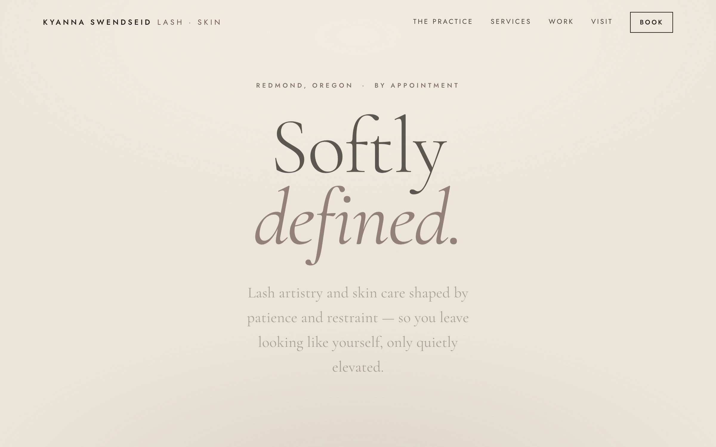 Kyanna Swendseid lash and skin studio homepage: warm cream background with a large serif headline reading Softly defined