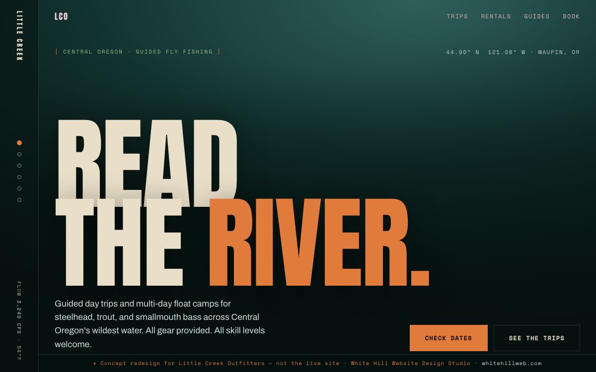 Little Creek Outfitters concept homepage on a desktop screen, dark river green with very large cream and orange type