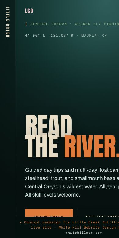 Little Creek Outfitters concept on a phone: the same headline stacked above the summary and booking buttons
