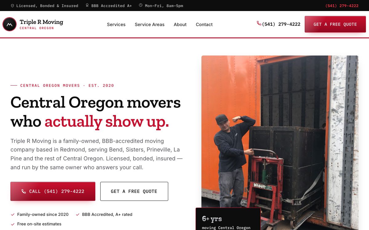 Triple R Moving homepage on a desktop screen with a phone number, a free quote button, and a photo of a mover